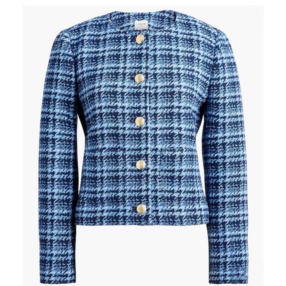 J Crew Tweed Lady Jacket Baltic Blue Metallic Silver Plaid SZ 6